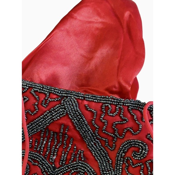 Vintage Red Satin Hematite-Gray Beaded Evening Crossbody Bag Zipper - Picture 8 of 10